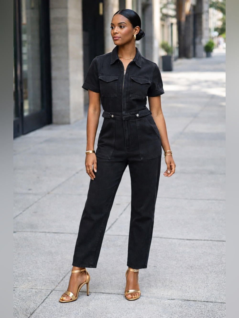 Good American Black Short-Sleeve Zip-Front Jumpsuit